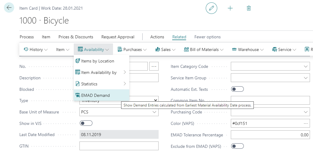 VAPS EMAD demand from item card